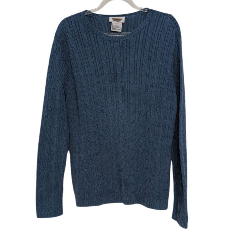 Talbots Cable Knit Sweater Womens Size XL Blue 100% Cotton Crew Neck Long Sleeve